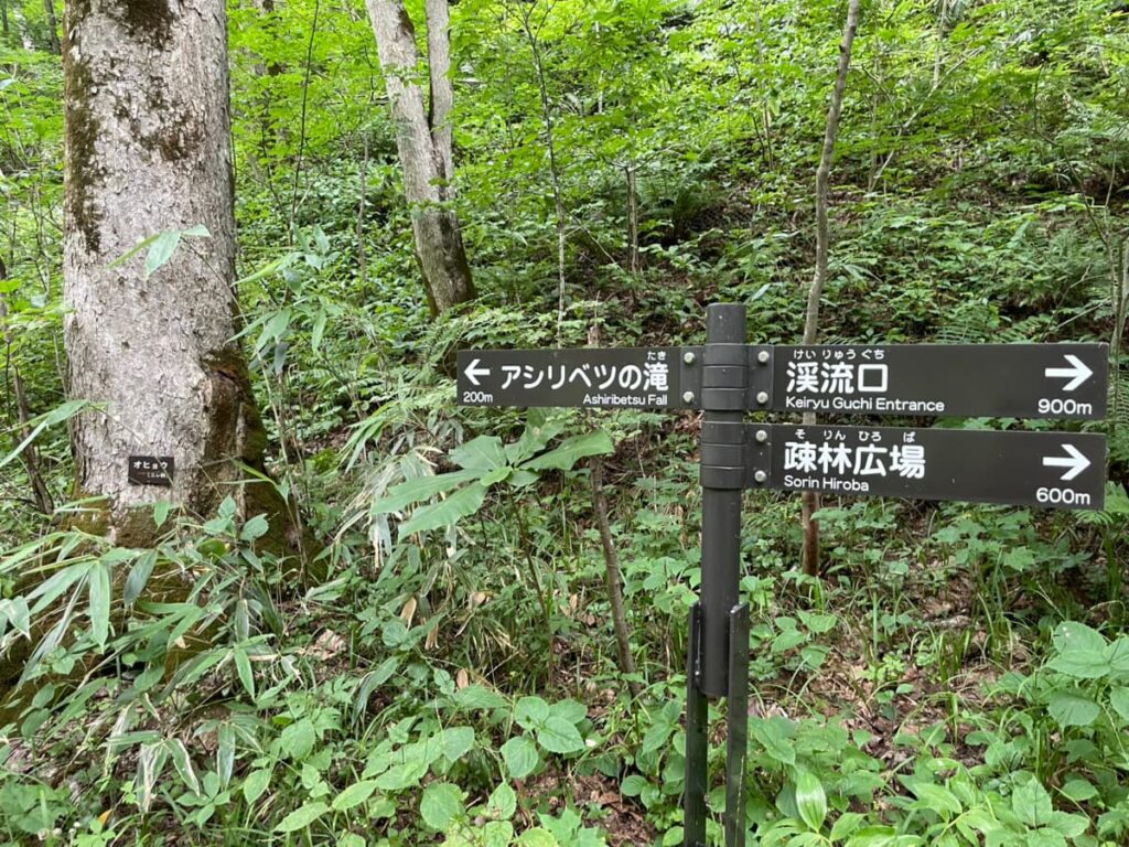 アシリベツの滝まで200mを示す案内標識