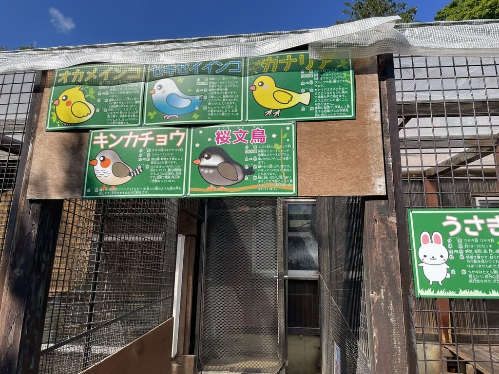 オカメインコやセキセイインコやウサギを紹介するなかよし動物園の解説板