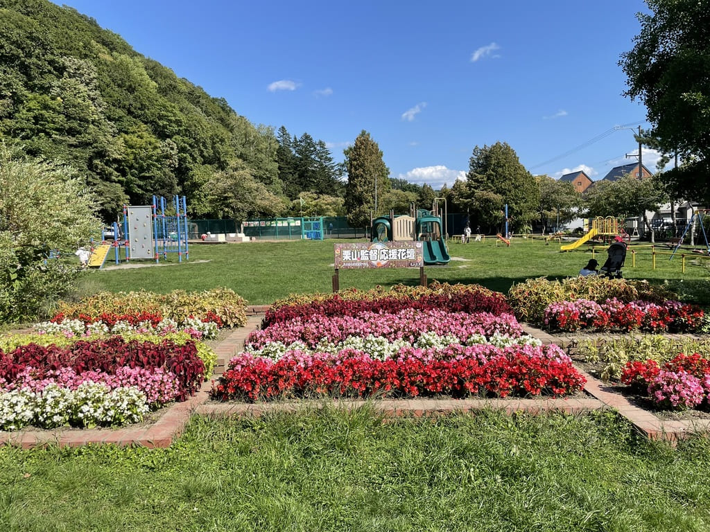 花壇と芝生の向こうに複合遊具が見える北海道栗山町の栗山公園