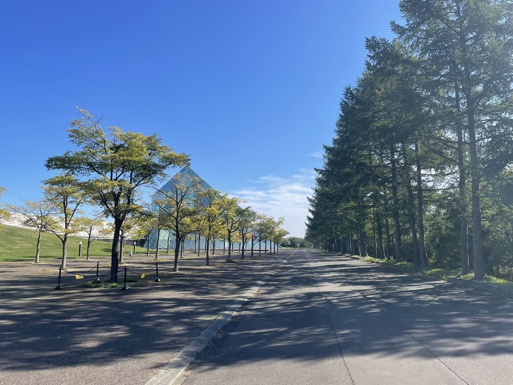 ガラスのピラミッドへ続くモエレ沼公園の並木道