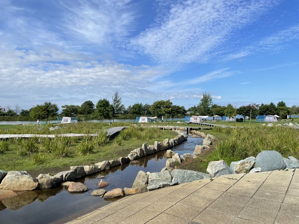しのつ公園内を流れる小川とキャンプ場周辺の風景