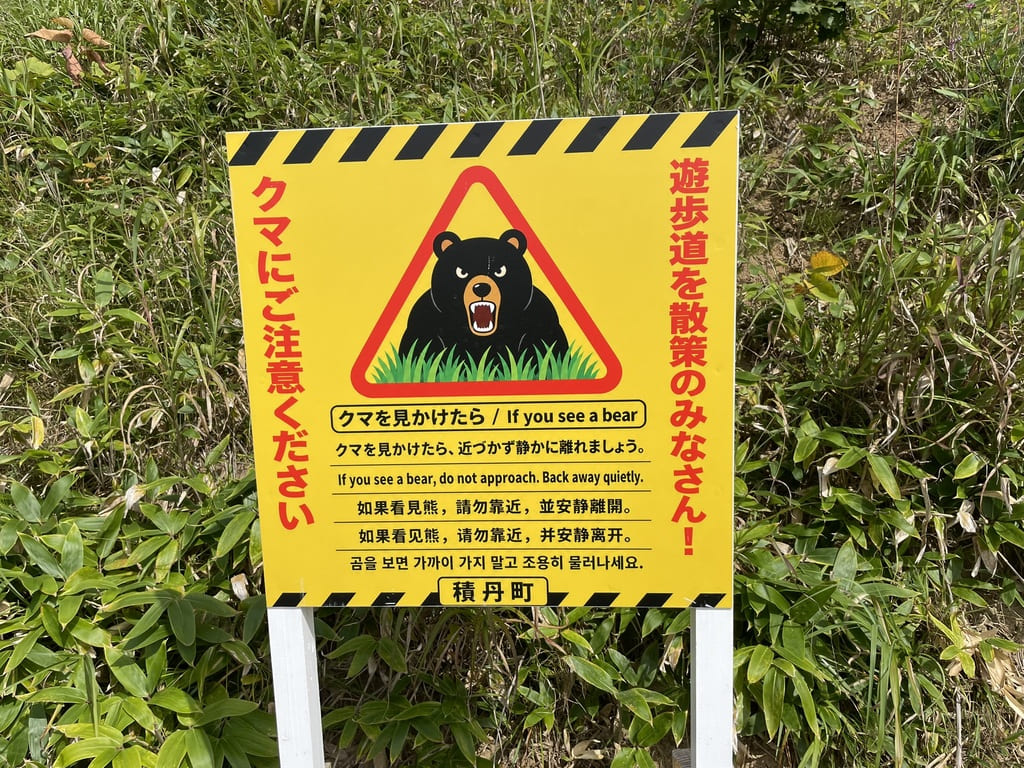 島武意海岸に設置されたヒグマ注意看板