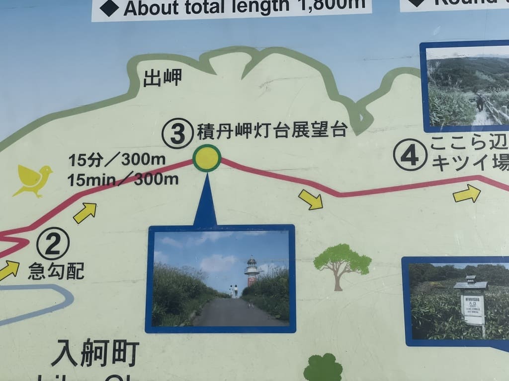 積丹岬灯台展望台まで300m15分と書かれた案内図