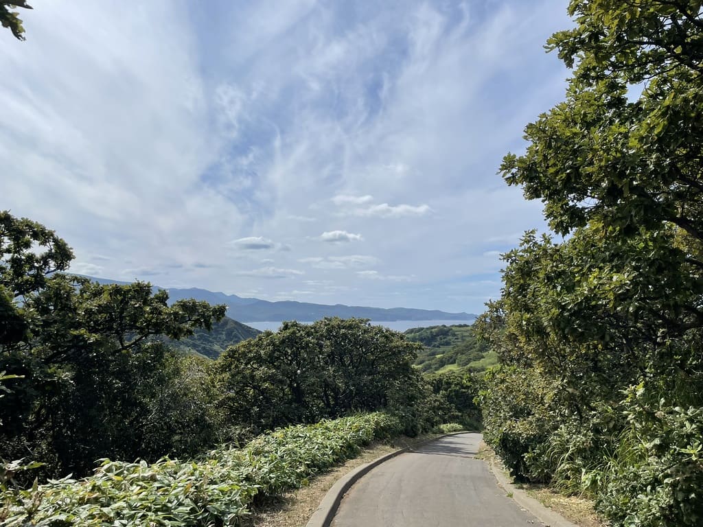 積丹岬灯台へ向かう舗装道路と積丹の景色
