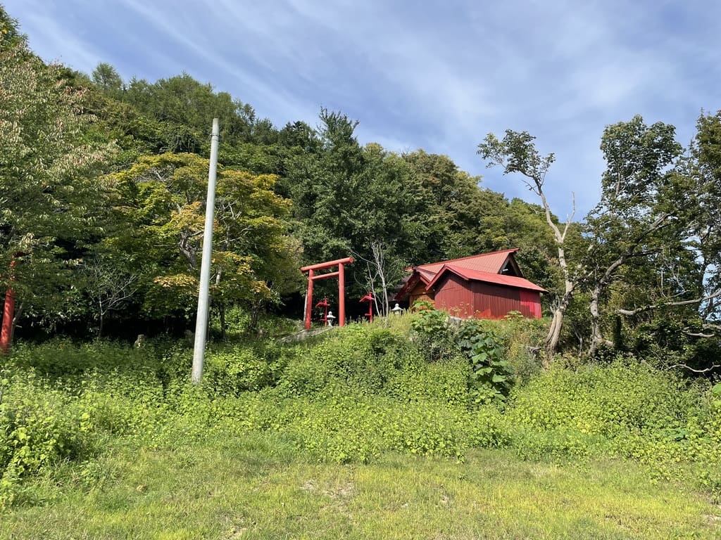 木々に囲まれた幌武意稲荷神社を離れた場所から見た様子