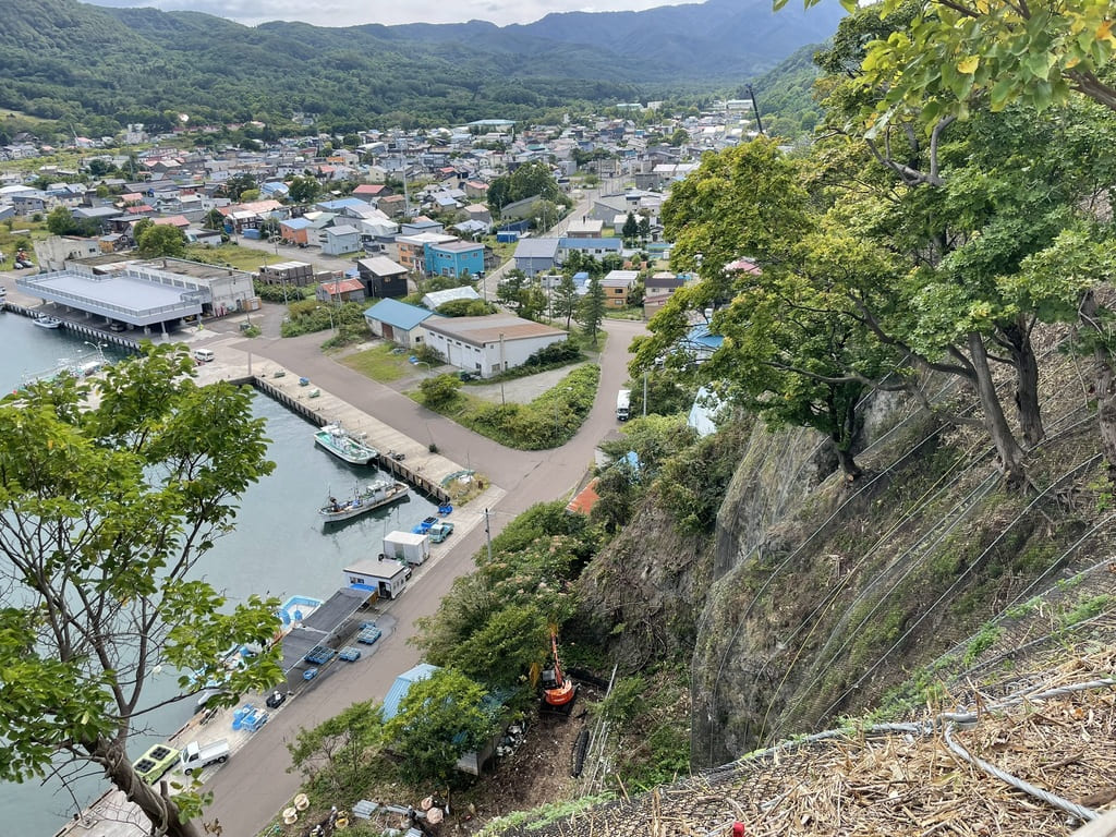 黄金岬の高台から見下ろす積丹町美国港と美国の町並み