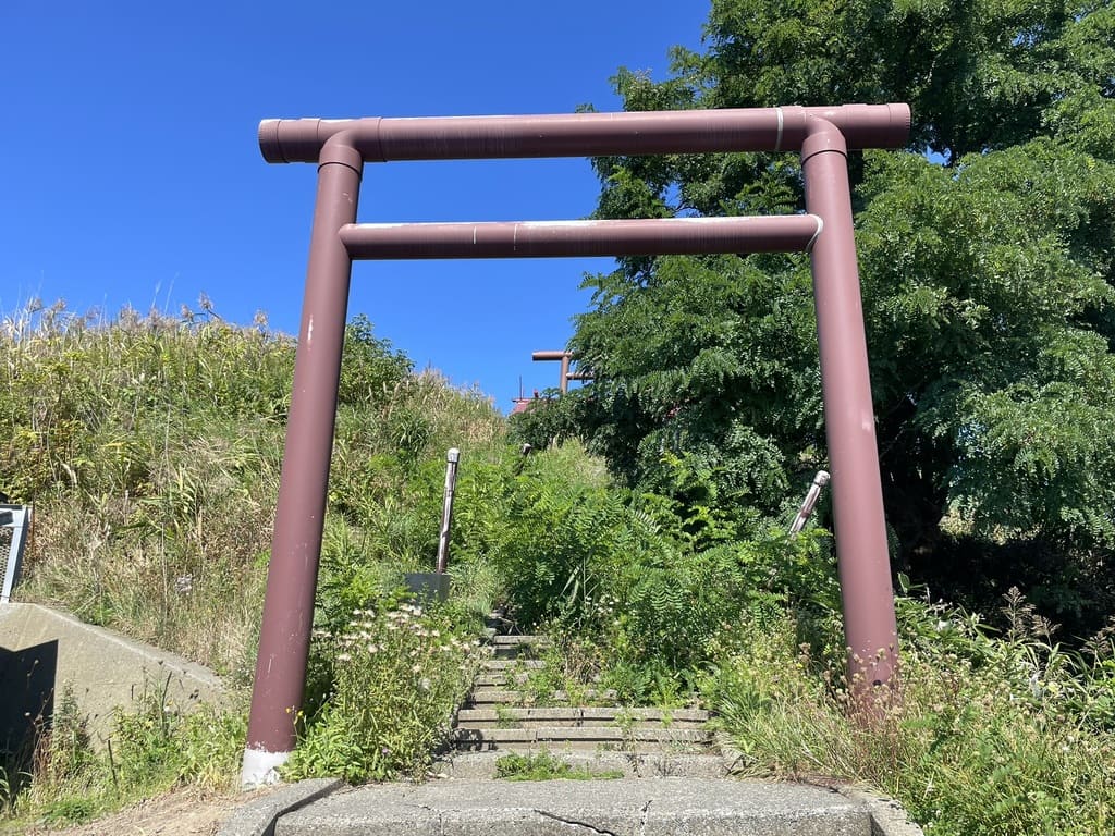 厚田八幡神社の鳥居と草木が伸びた参道