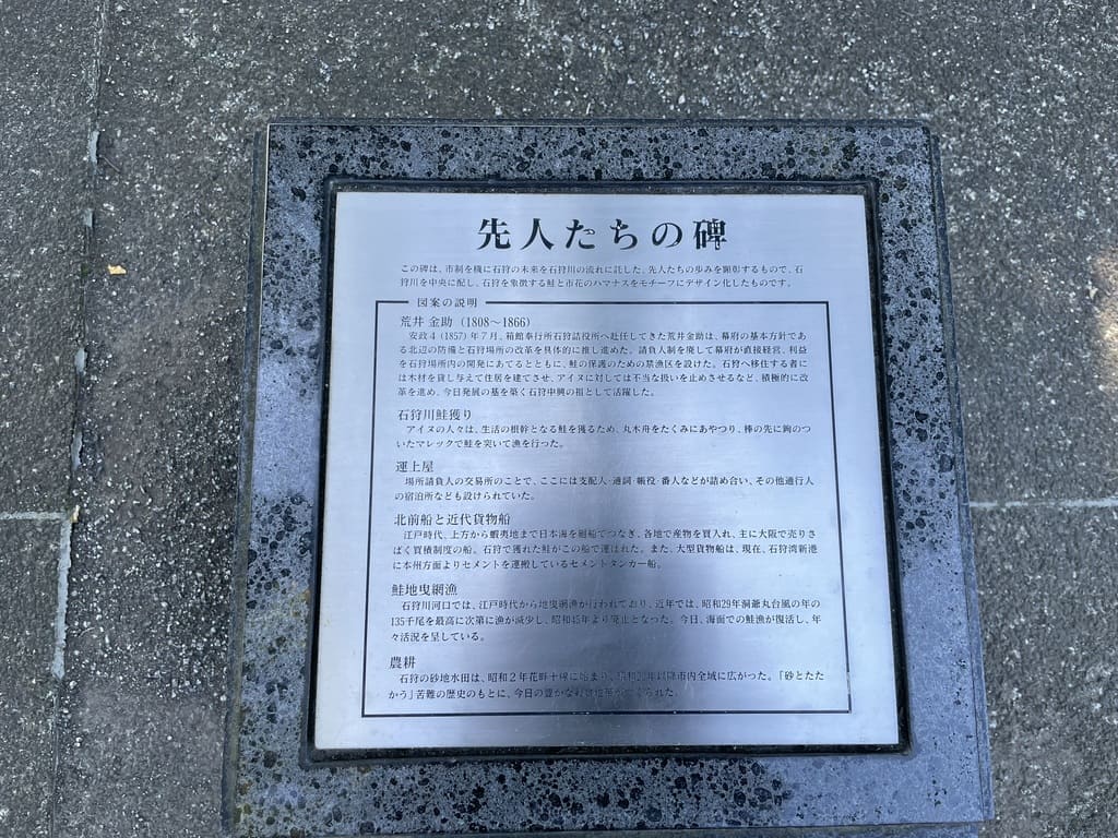 石狩市弁天歴史公園にある先人たちの碑の解説板