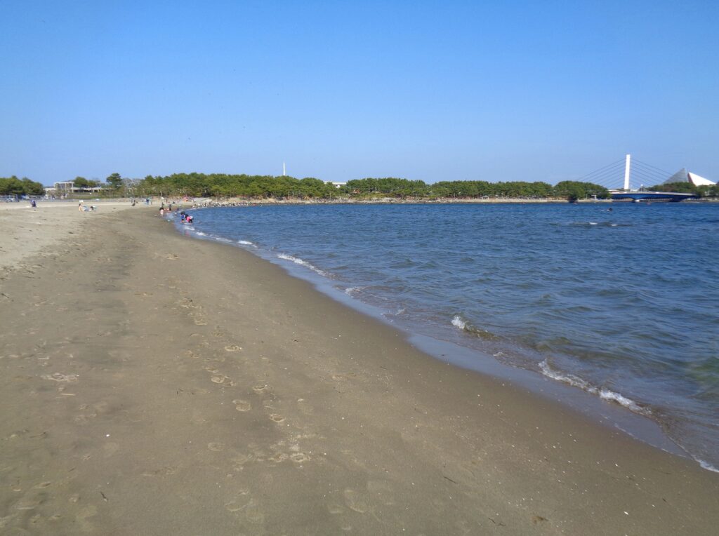 神奈川県横浜市の海の公園の砂浜と海水浴風景