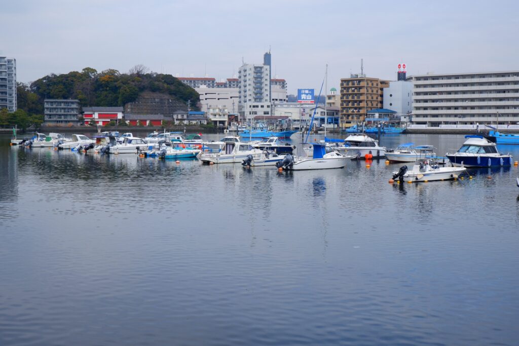 神奈川県横浜市の金沢八景の海辺と街並み