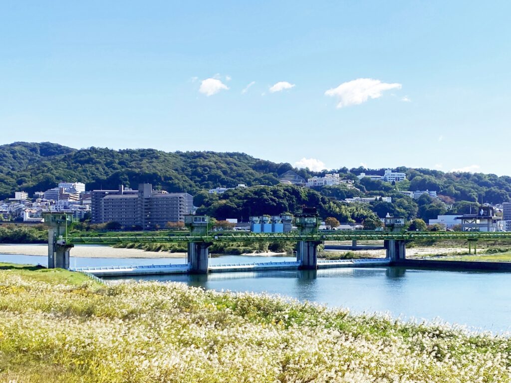住宅街と太田川放水路 広島市西区の太田川放水路