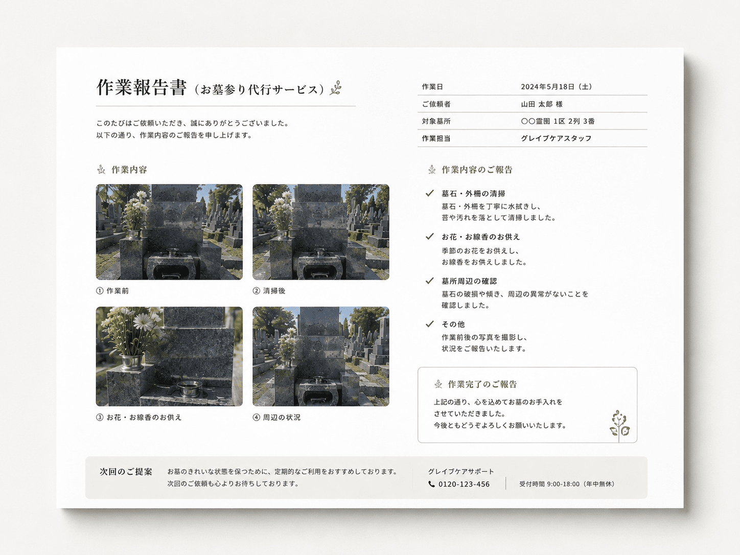 お墓参り代行の作業報告書イメージ