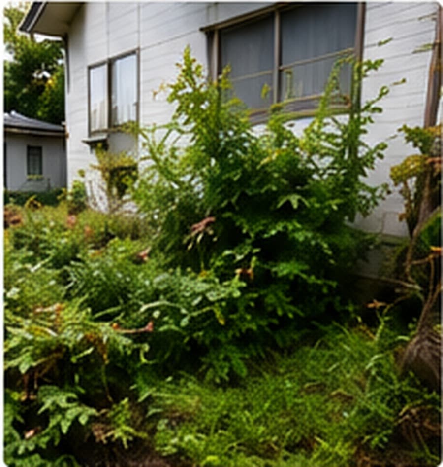 空き家の庭木と雑草